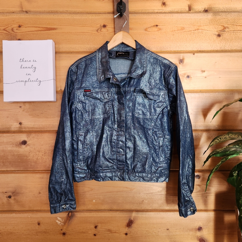 Fubu Rare Vintage Denim Trucker Jacket Shimmer Metallic Hip Hop Streetwear Sz 12